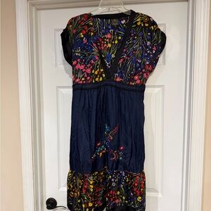 Trina Turk Navy Dress with Multicolor Floral & Embroidered Bird